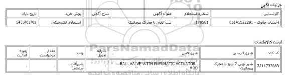استعلام الکترونیکی، شیر توپی با محرک پنوماتیک