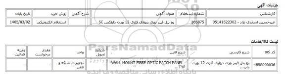 استعلام الکترونیکی، پچ پنل فیبر نوری دیواری فلزی 12 پورت داپلکس SC