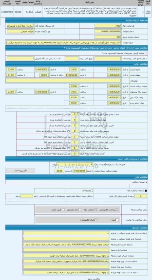 مزایده ، آخال پارچه - محل نگهداری اسکله شهیدرجایی - هزینه بیمه - مالیات حدودا 600.000.000 ریال به عهده خریدار بوده به همراه بارگ