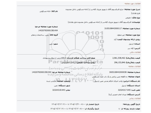 مزایده، قدرالسهم آقای شهروز عزیزی کله سر از (خانه مسکونی داخل محدوده طرح هادی)