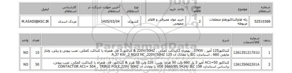استعلام رله هاوکنتاکتورهاو متعلقات مربوطه