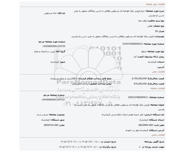 مزایده، فروش ملک قولنامه ای مسکونی اوقافی به ادرس چغاگلان متعلق به علی حسن بابا ولدینی