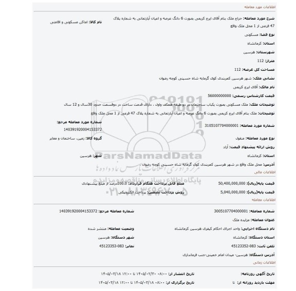 مزایده، ملک بنام آقای ایرج کریمی بصورت 6 دانگ عرصه و اعیان آپارتمانی به شماره پلاک 47 فرعی از 1 محل ملک واقع