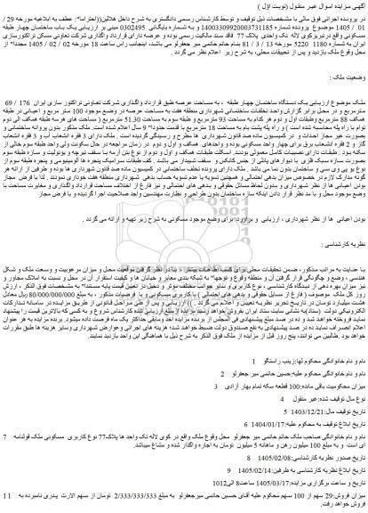 مزایده یک باب ساختمان چهار طبقه مسکونی
