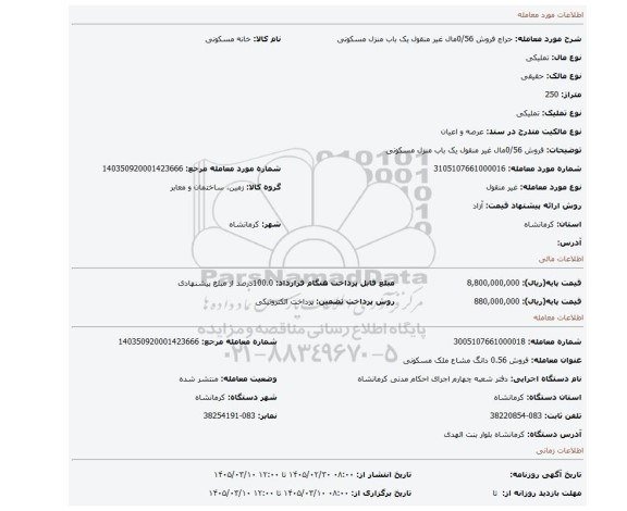 مزایده، فروش 0/56مال غیر منقول یک باب منزل مسکونی