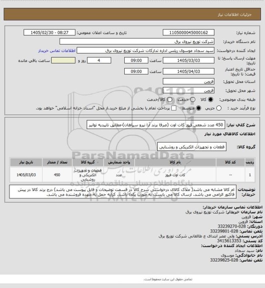 استعلام 450 عدد شمعی فیوز کات اوت  (صرفا برند آرا نیرو سپاهان)-مطابق تاییدیه توانیر