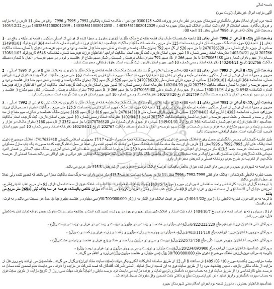 مزایده ملک یک قطعه خانه نوع ملک طلق با کاربری مفروز و مجزا شده از فرعی از اصلی