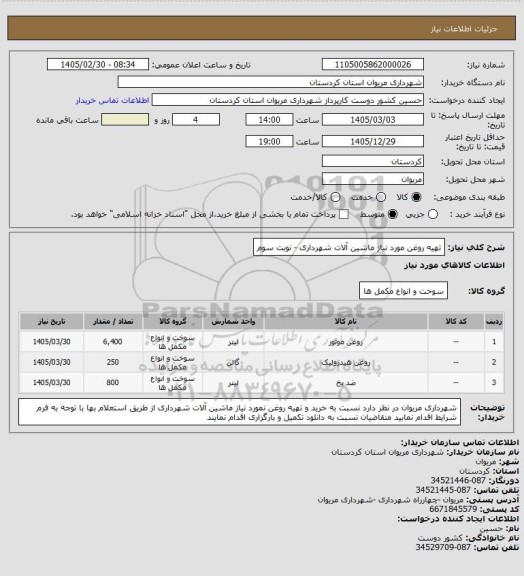 استعلام تهیه روغن مورد نیاز ماشین آلات شهرداری - نوبت سوم