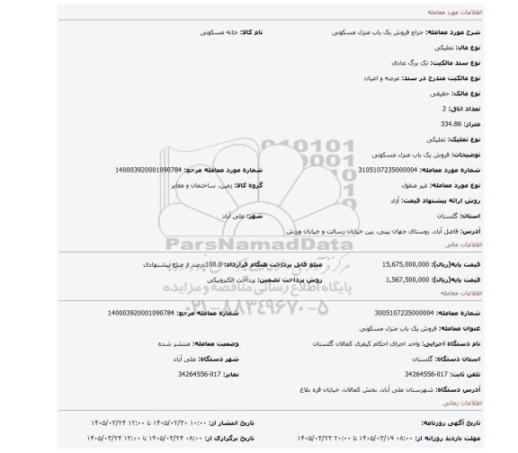 مزایده، فروش یک باب منزل مسکونی