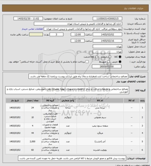 استعلام مصالح ساختمانی ساخت درب اضطراری و جان پناه طبق لیست پیوست
پرداخت یک ماهه می باشد.