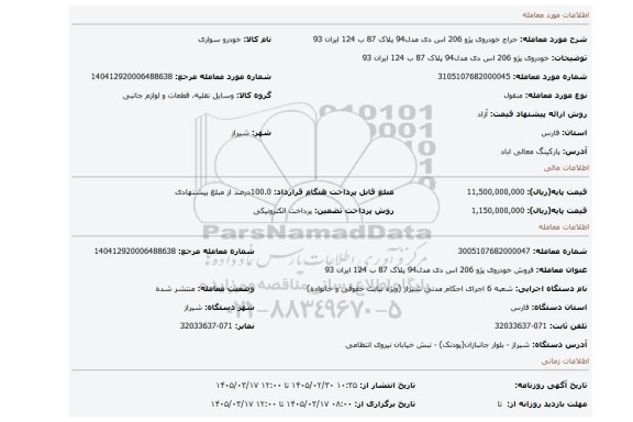 مزایده، خودروی پژو 206 اس دی مدل94 پلاک 87 ب 124 ایران 93