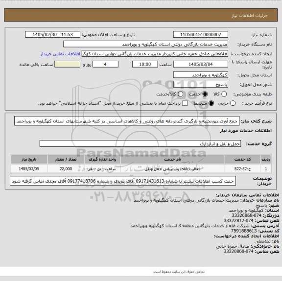 استعلام جمع آوری،دپو،تخلیه و بارگیری گندم،دانه های روغنی و کالاهای اساسی در کلیه شهرستانهای استان کهگیلویه و بویراحمد