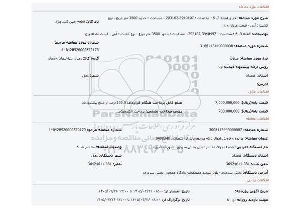 مزایده، قطعه 3- 5 : مختصات : 3940497-293182 -  مساحت : حدود 3500  متر مربع  - نوع کشت : آبی - قیمت عادله و ع