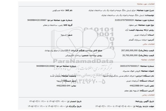 مزایده، شش دانگ عرصه و اعیان یک باب ساختمان تجاری