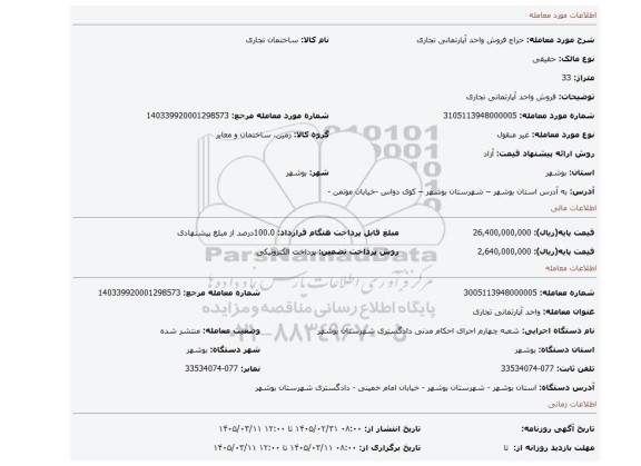 مزایده، فروش واحد آپارتمانی تجاری