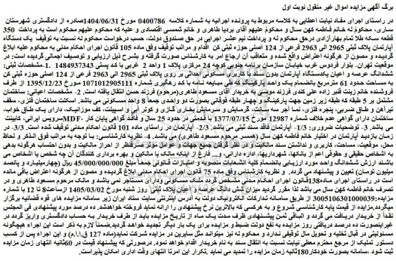 مزایده یک دستگاه آپارتمان پلاک ثبتی 2965 الی 2963 فرعی از 124 اصلی