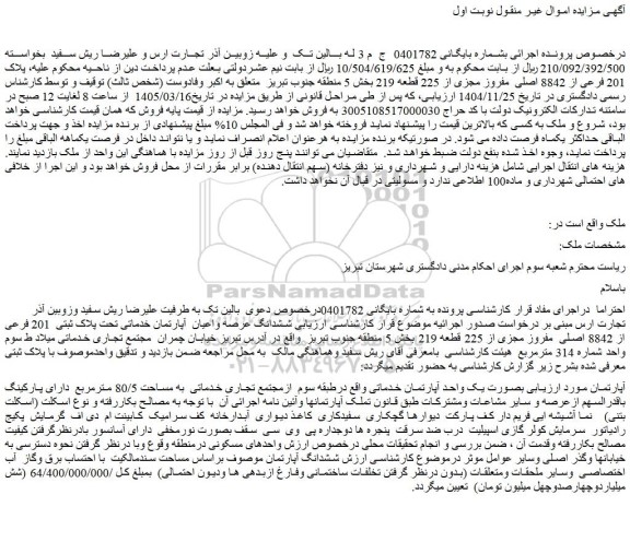 مزایده ششدانگ عرصه واعیان آپارتمان خدماتی تحت پلاک ثبتی  201 فرعی از 8842 اصلی  مفروز مجزی از 225 قطعه 219