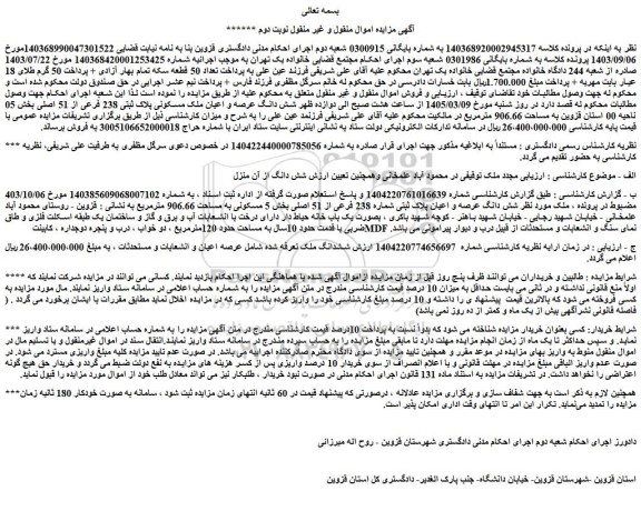 مزایده شش دانگ عرصه و اعیان ملک مسکونی پلاک ثبتی 238 فرعی از 51 اصلی