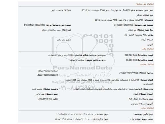 مزایده، 1/36دانگ مشاع از پلاک ثبتی 7348 مجزی شده از 2216