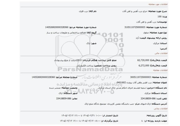 مزایده، درب آهنی و اهن آلات