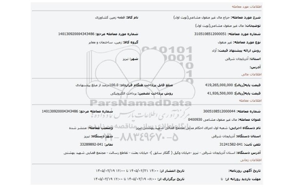 مزایده، مال غیر منقول مشاعی(نوبت اول)