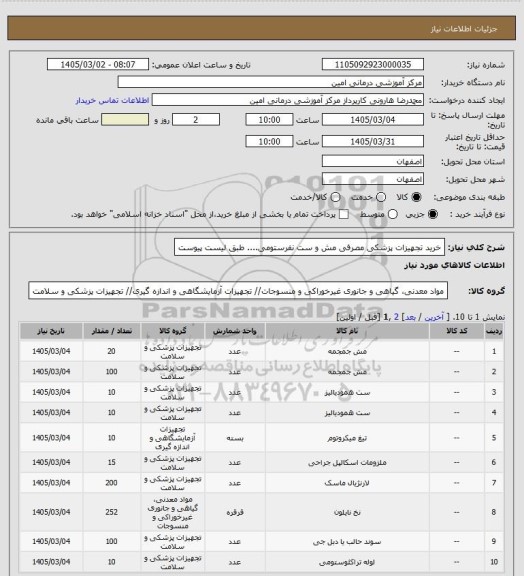 استعلام خرید تجهیزات پزشکی مصرفی مش و ست نفرستومی.... طبق لیست پیوست