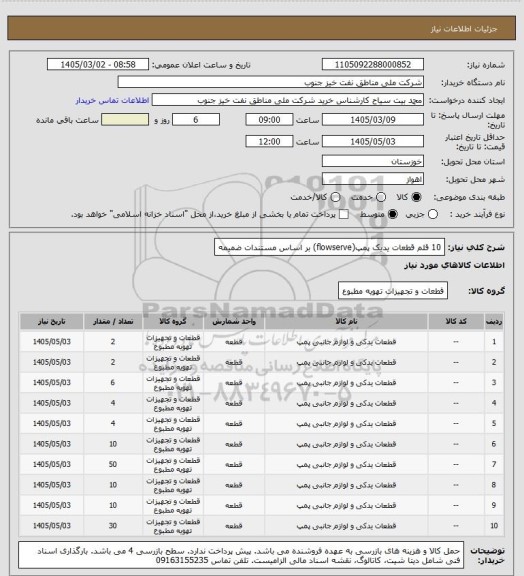 استعلام 10 قلم قطعات یدیک پمپ(flowserve) بر اساس مستندات ضمیمه