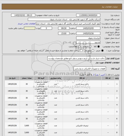 استعلام داکت شیار دار و سر سیم سوزنی و وایر شو مطابق مشخصات پیوست