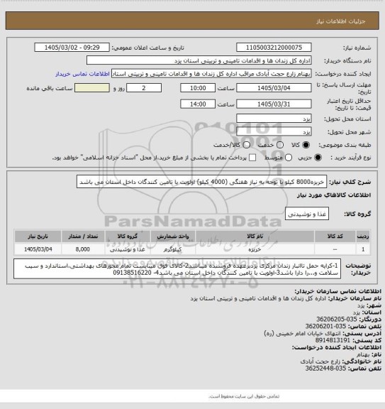 استعلام خربزه8000 کیلو با توجه به نیاز هفتگی (4000 کیلو) اولویت با تامین کنندگان داخل استان می باشد