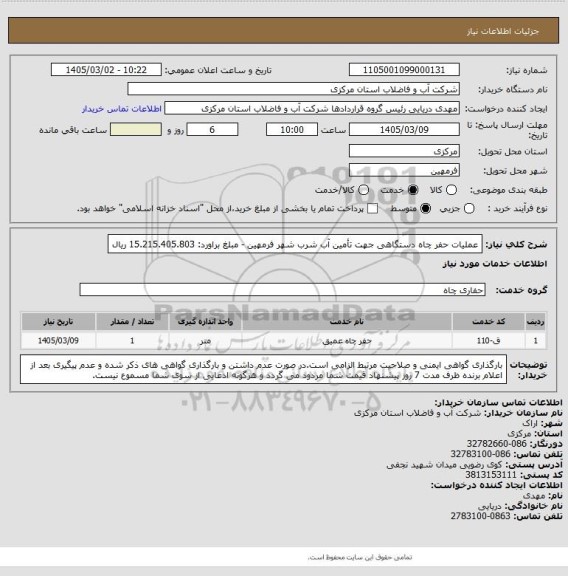 استعلام عملیات حفر چاه دستگاهی جهت تأمین آب شرب شهر فرمهین - مبلغ براورد: 15.215.405.803 ریال