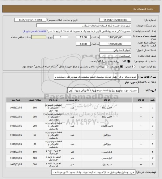 استعلام خرید وسایل برقی  طبق مدارک پیوست فیمت پیشنهادی  بصورت کلی میباشد .