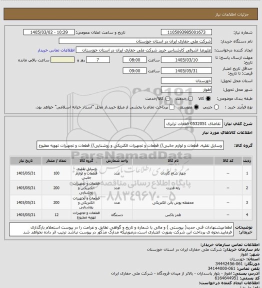 استعلام تقاضای 0532051 قطعات ترابری