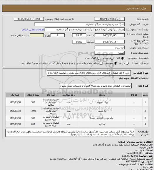 استعلام خرید 4 قلم قطعات کولرهای گازی جمع اقلام 2800 عدد طبق درخواست 0407102