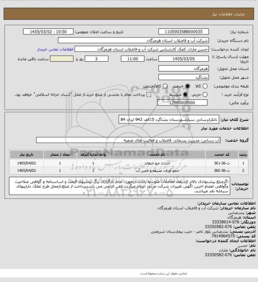 استعلام تانکرابرسانی سیارشهرستان بشاگرد 15الف 942 ایران 84