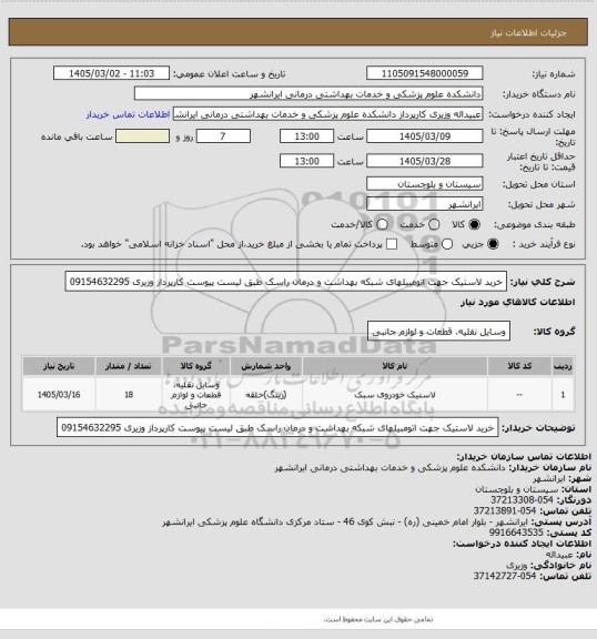 استعلام خرید لاستیک جهت اتومبیلهای شبکه بهداشت و درمان راسک طبق لیست پیوست کارپرداز وزیری 09154632295