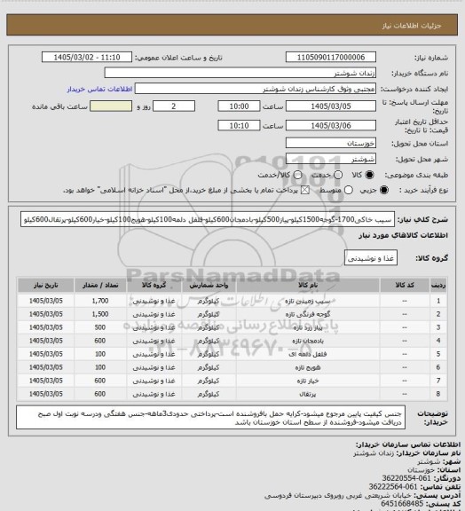 استعلام سیب خاکی1700-گوجه1500کیلو-پیاز500کیلو-بادمجان600کیلو-فلفل دلمه100کیلو-هویج100کیلو-خیار600کیلو-پرتقال600کیلو