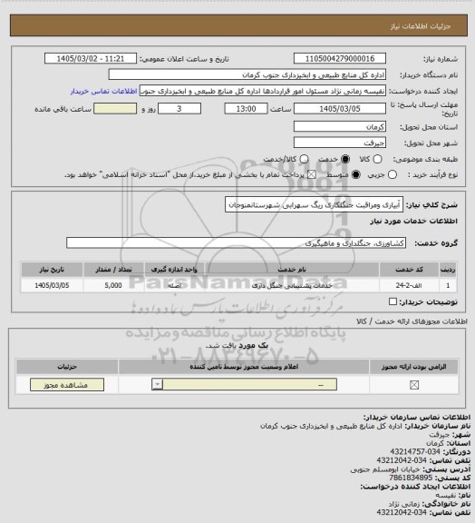 استعلام آبیاری ومراقبت جنگلکاری ریگ سهرابی شهرستانمنوجان
