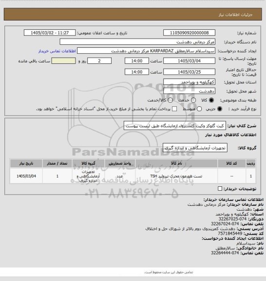 استعلام کیت گلوکز وکیت کلسترول ازمایشگاه طبق لیست پیوست