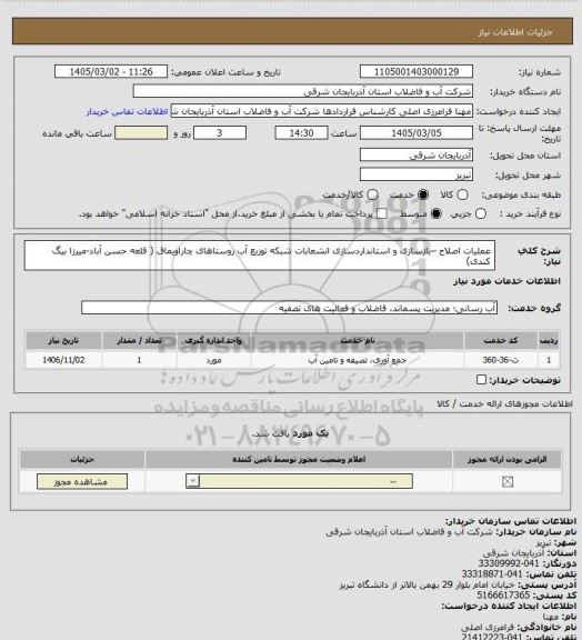 استعلام عملیات اصلاح –بازسازی و استانداردسازی انشعابات شبکه توزیع آب روستاهای
چاراویماق ( قلعه حسن آباد-میرزا بیگ کندی)