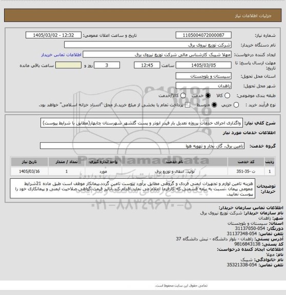 استعلام واگذاری اجرای خدمات پرروژه نعدیل بار فیدر ابوذر و پست گلشهر شهرستان چابهار(مطابق با شرایط پیوست)