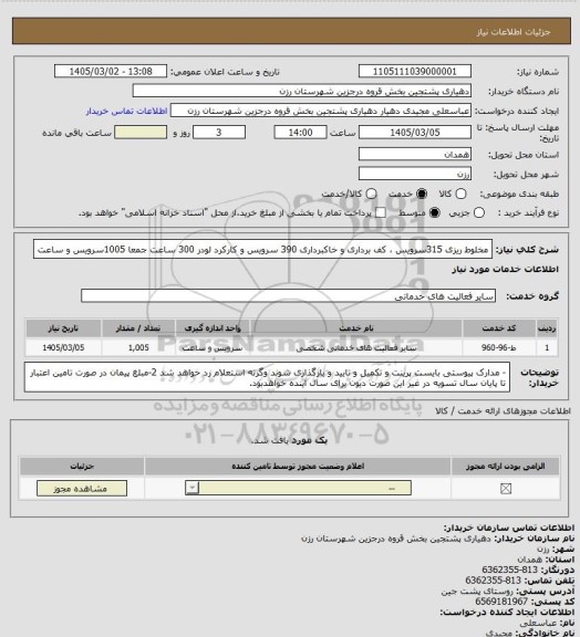 استعلام مخلوط ریزی 315سرویس ، کف برداری و خاکبرداری 390 سرویس و کارکرد لودر 300 ساعت جمعا 1005سرویس و ساعت