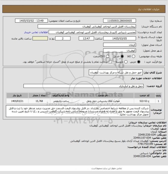 استعلام امور حمل و نقل شبکه و مرکز بهداشت کوهبنان