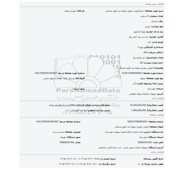 مزایده، فروش خودرو سواری لند کروزر مشکی
