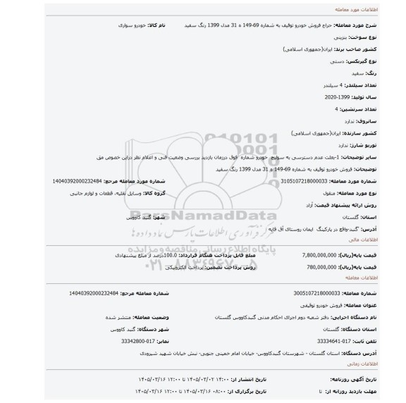 مزایده، فروش خودرو توقیف به شماره 69-149 ه 31 مدل 1399 رنگ سفید