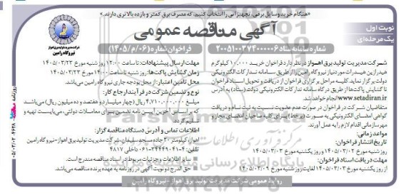 فراخوان خرید 10.000 کیلوگرم هیدرازین هیدرات موردنیاز نیروگاه