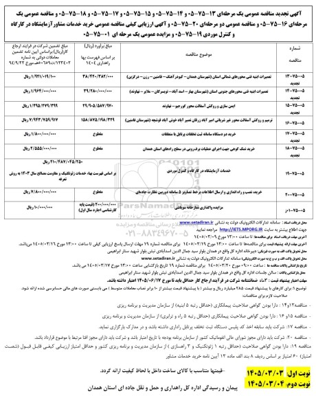 مناقصه ومزایده تعمیرات ابنیه فنی محورهای شمالی...