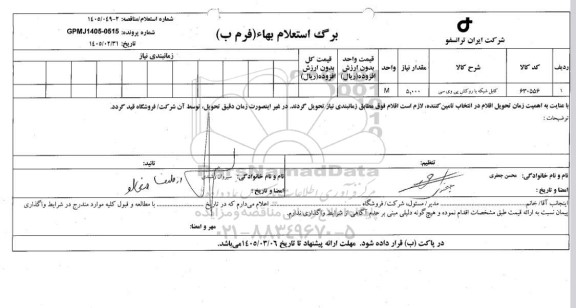 استعلام / مناقصه کابل شبکه با روکش پی وی سی 