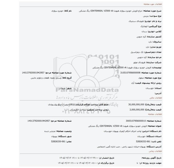 مزایده، فروش خودرو سواری هیوندا CENTENNIAL VZ500 vk رنگ مشکی