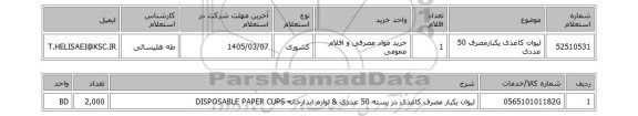 استعلام لیوان کاغذی یکبارمصرف 50 عددی