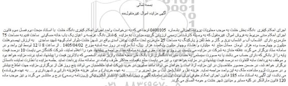 مزایده  6 شش دانگ عرصه و اعیان یک باب خانه مسکونی  ساخت قدیم به مساحت 75 مترمربع